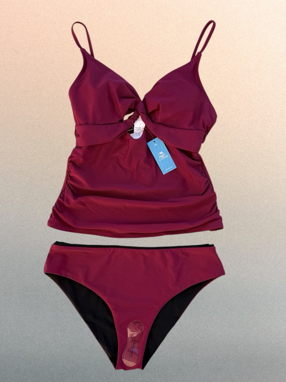 Cupshe Maroon Red Twist Front V-Neck Tankini Top and Reversible Bottoms, L
